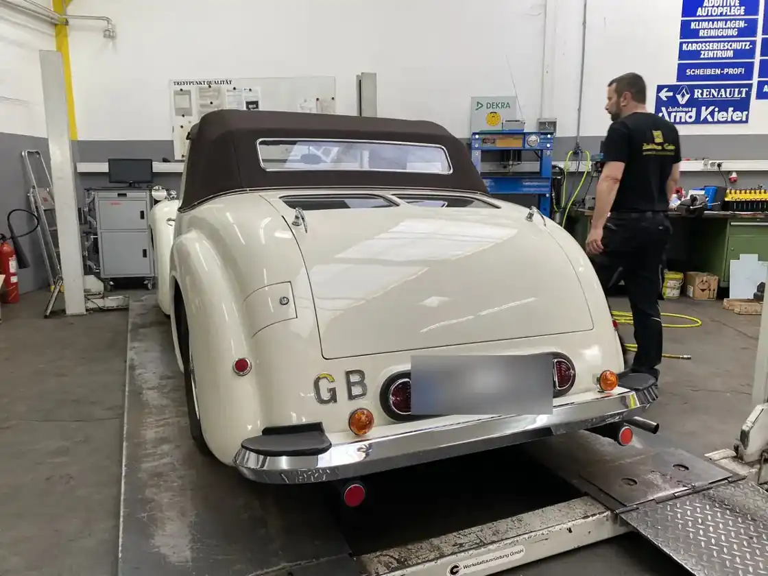 Triumph Roadster von hinten mit braunem Verdeck